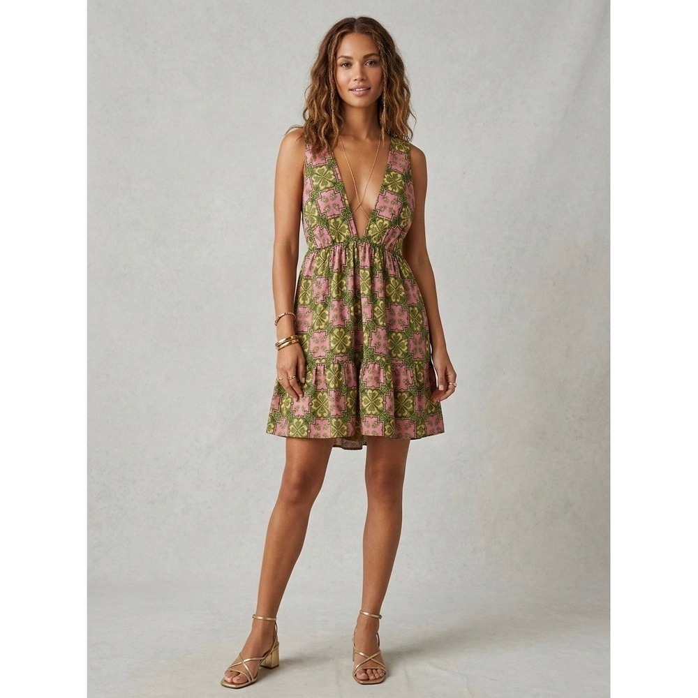 House of Harlow 1960 Pink Green Linen Blend Deep V-Neck Tiered Mini Dress Medium